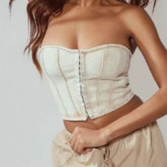 PLT Washed Stone Denim Strapless Hook and Eye Structured Corset Top sz US 8-NWT - Picture 1 of 7